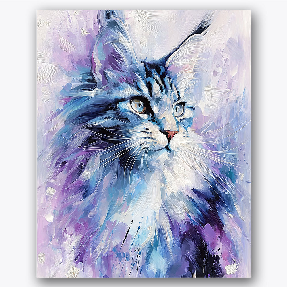 Paint by numbers design of Maine Coon cat, vibrant background, vibrant purples and blues, textured cat fur