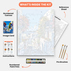 Aegean Pathway Paint by Numbers Kit – includes numbered canvas, paint pots, brushes, and instructions