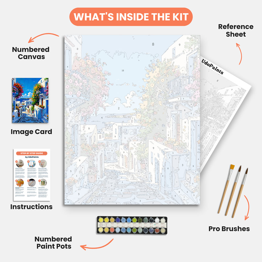 Aegean Pathway Paint by Numbers Kit – includes numbered canvas, paint pots, brushes, and instructions