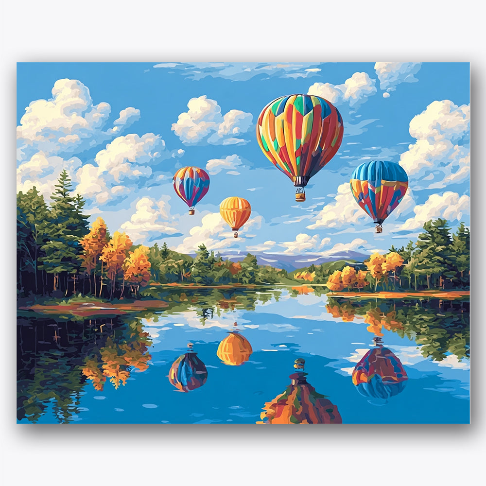 Paint by numbers design of hot air balloons, lake reflection, colorful hot air balloons, vibrant lake reflections