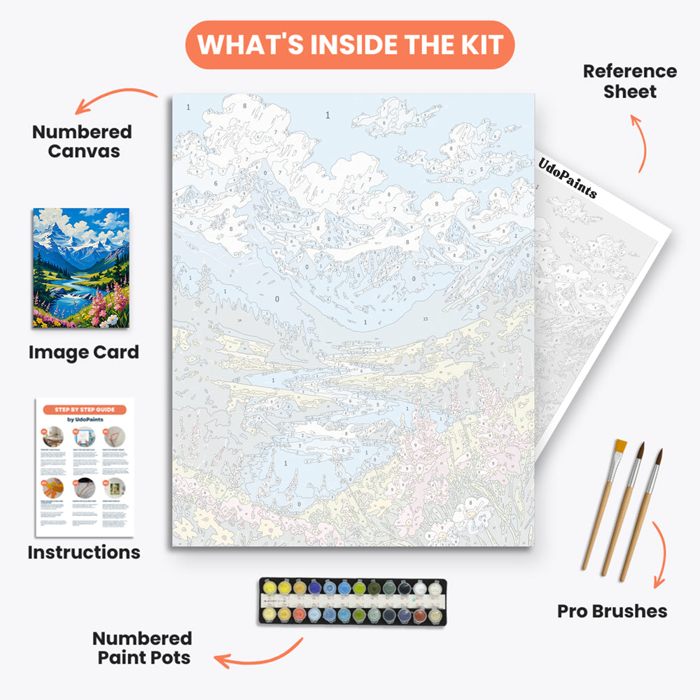 Alpine River Serenity Paint by Numbers Kit – includes numbered canvas, paint pots, brushes, and instructions