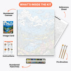 Alpine River Serenity Paint by Numbers Kit – includes numbered canvas, paint pots, brushes, and instructions