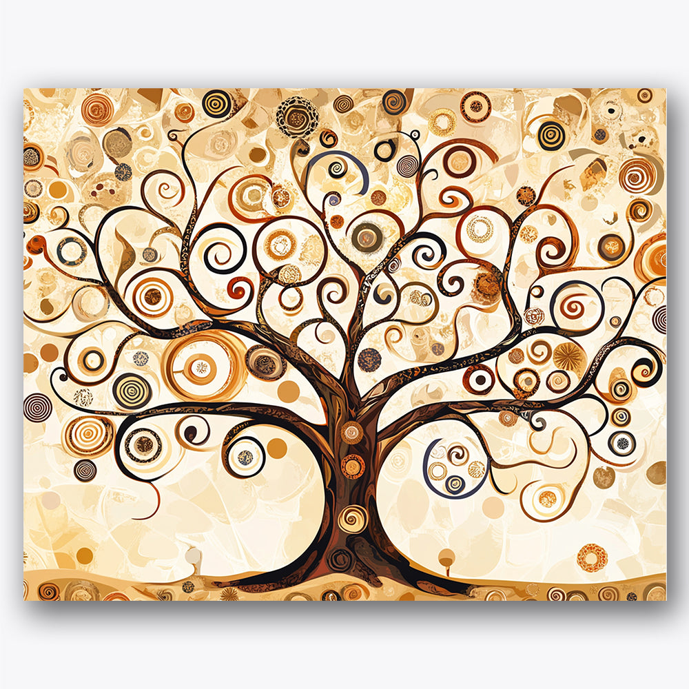 Paint by numbers design of spiral tree, swirling patterns, swirling branches, circular patterns