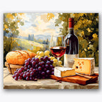 Paint by numbers design of picnic, vineyard, wine bottle and glass, loaf of rustic bread