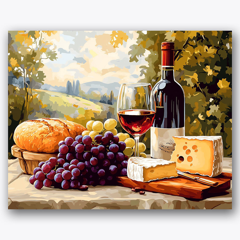 Paint by numbers design of picnic, vineyard, wine bottle and glass, loaf of rustic bread