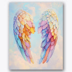 Paint by numbers design of angel wings, clouds, multicolored feather details, dreamy pastel sky