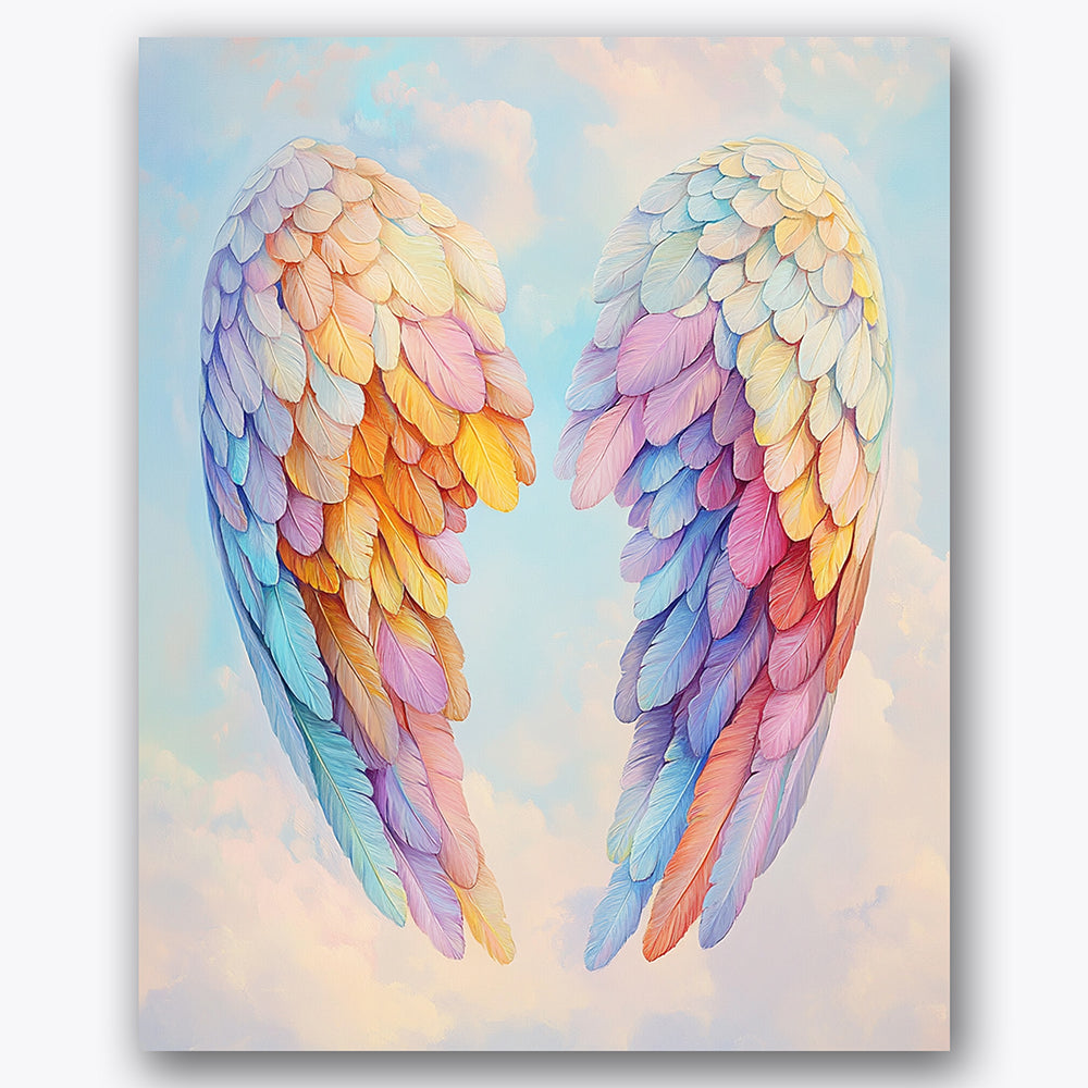 Paint by numbers design of angel wings, clouds, multicolored feather details, dreamy pastel sky