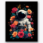 Paint by numbers design of astronaut, flowers, vivid flowers, silver space suit