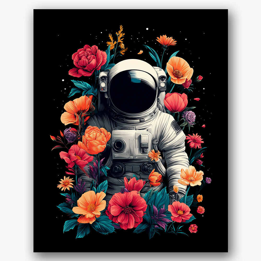 Paint by numbers design of astronaut, flowers, vivid flowers, silver space suit