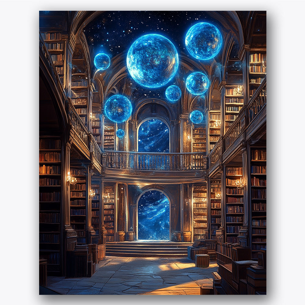 Paint by numbers design of library, glowing planets, glowing blue planets, arched bookcases