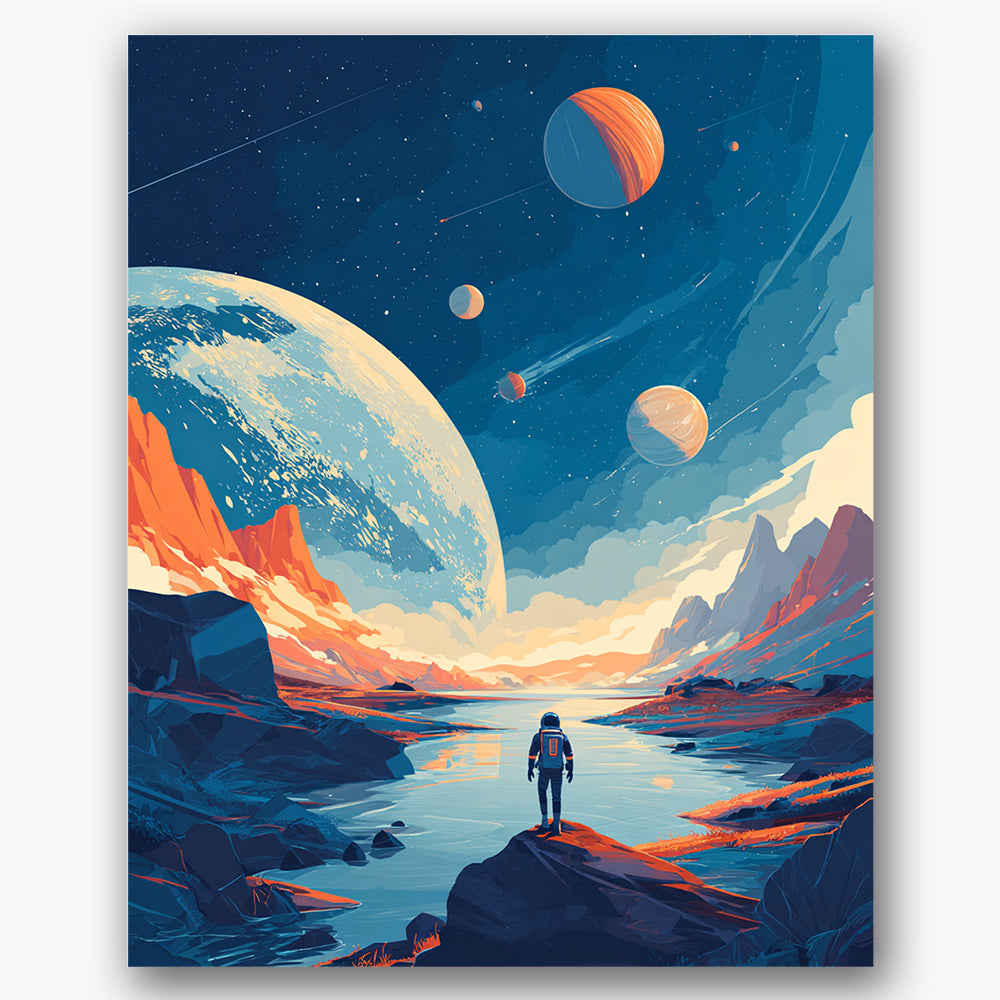 Paint by numbers design of astronaut, planets, vibrant planets, starry night sky