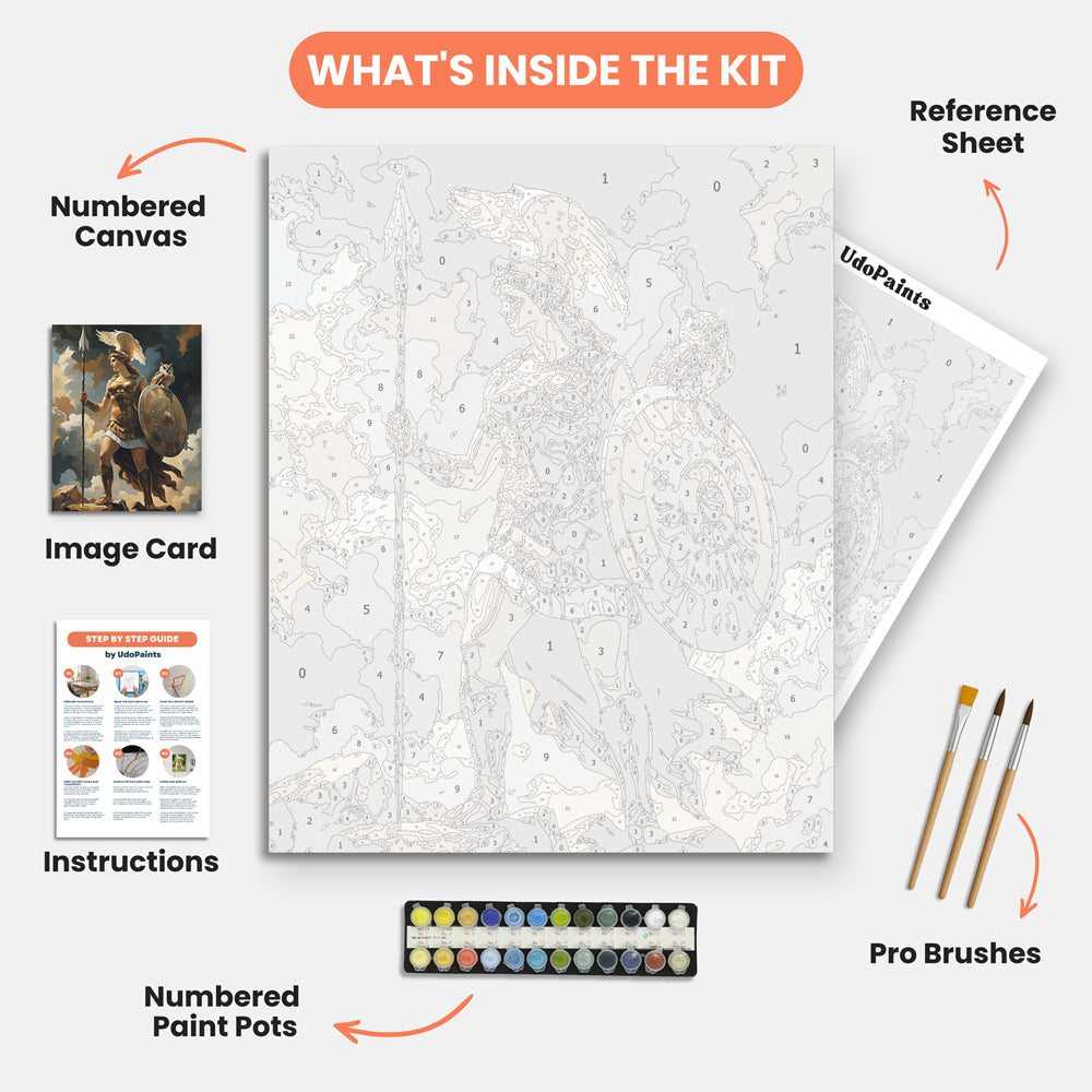 Athena's Majesty Paint by Numbers Kit – includes numbered canvas, paint pots, brushes, and instructions