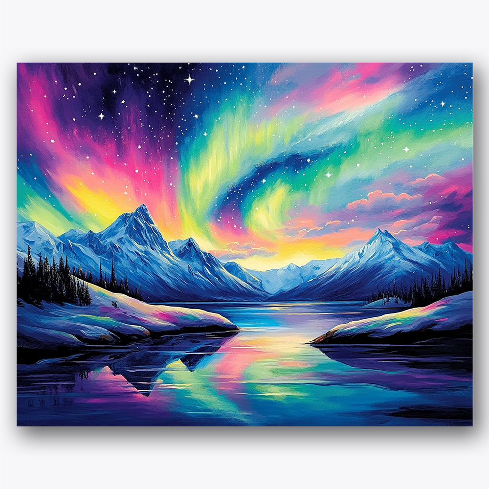 Paint by numbers design of Northern Lights, snowy mountains, vibrant aurora sky, snow-covered mountains