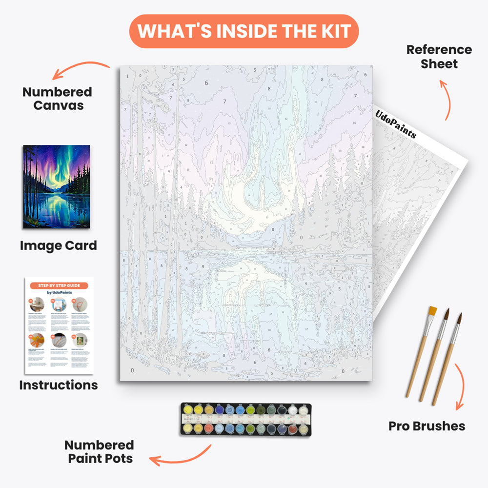 Aurora Lake Serenity Paint by Numbers Kit – includes numbered canvas, paint pots, brushes, and instructions