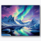 Paint by numbers design of northern lights, snowy mountains, vivid aurora sky, snow-covered peaks