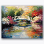 Paint by numbers design of white bridge, colorful foliage, white bridge reflection, vibrant autumn foliage