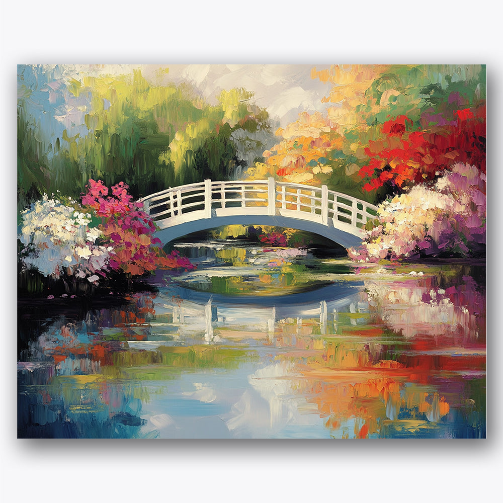 Paint by numbers design of white bridge, colorful foliage, white bridge reflection, vibrant autumn foliage