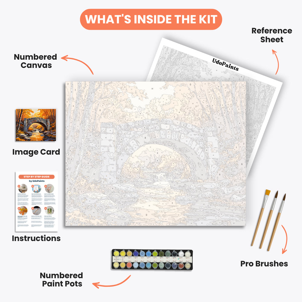 Autumn Bridge Serenity Paint by Numbers Kit – includes numbered canvas, paint pots, brushes, and instructions