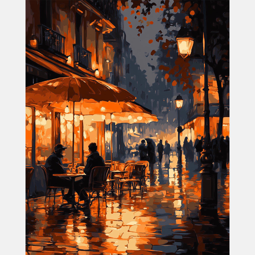 Autumn Cafe Shadows Paint by Numbers Kit design preview showing the full artwork layout before painting