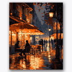 Paint by numbers design of city street, cafe scene, glowing street lamps, reflections on pavement