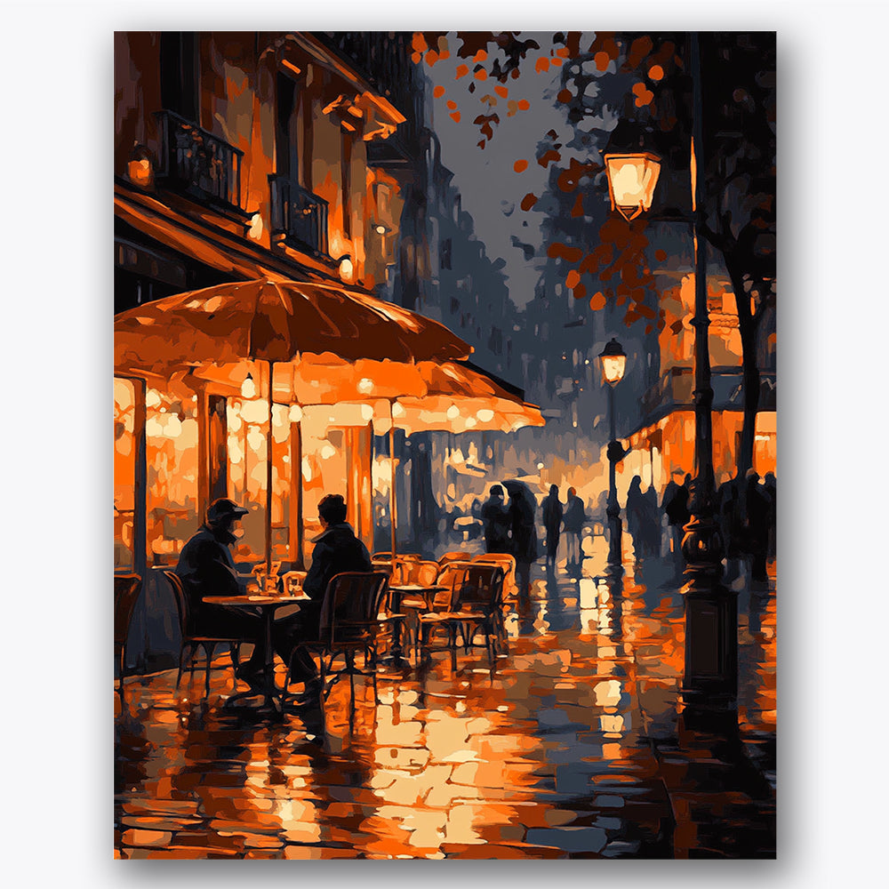 Paint by numbers design of city street, cafe scene, glowing street lamps, reflections on pavement