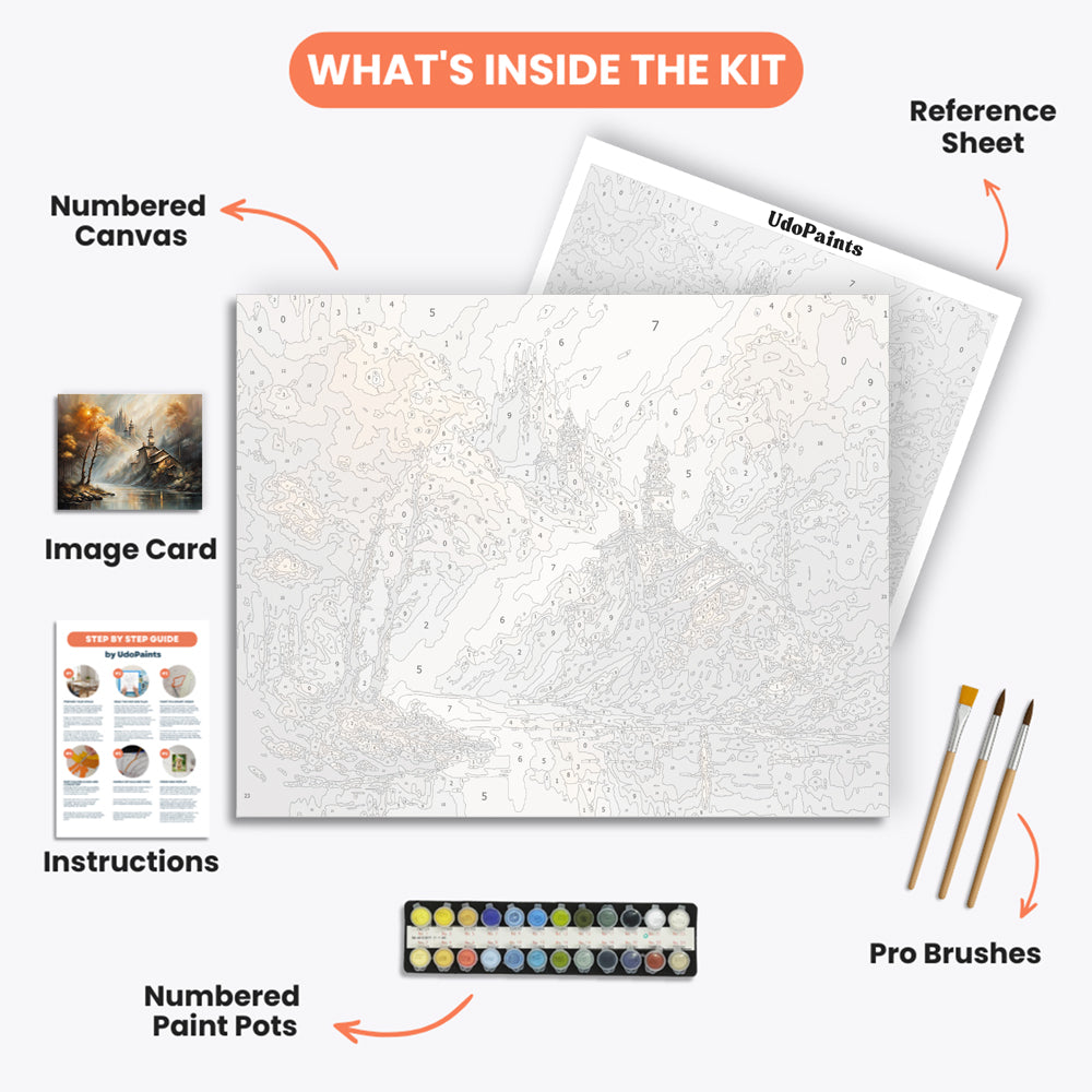 Autumn Castle Paint by Numbers Kit – includes numbered canvas, paint pots, brushes, and instructions