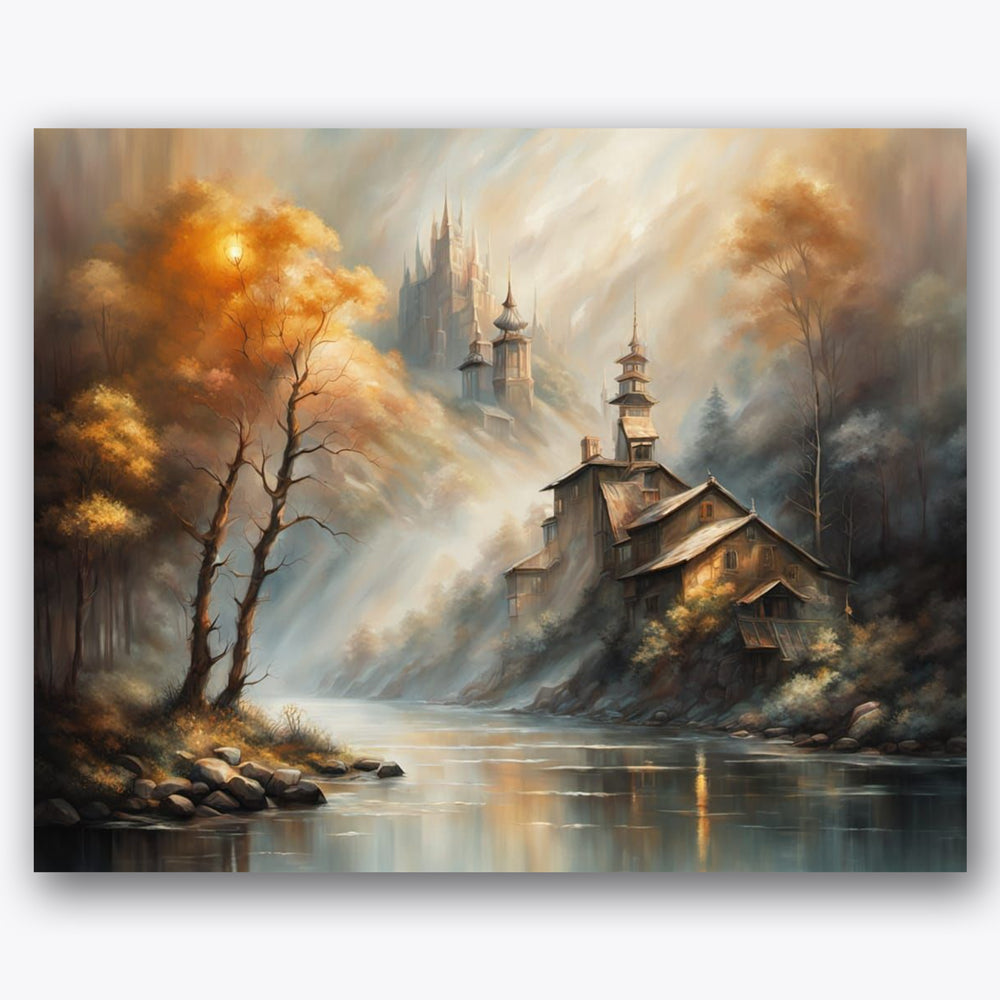 Fantasy scene with river, forest, and misty castle. Autumn Castle Paint by Numbers Kit by UdoPaints