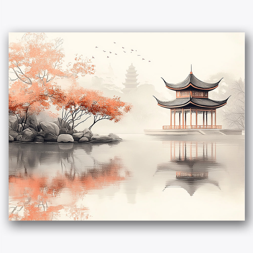 Paint by numbers design of pagoda, autumn trees, traditional pagoda, autumnal leaves, A tranquil lakeside with a pagoda