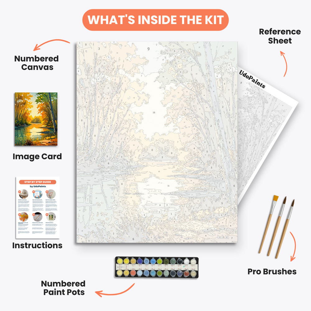 Autumn River Serenity Paint by Numbers Kit – includes numbered canvas, paint pots, brushes, and instructions