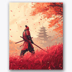Paint by numbers design of samurai, autumn landscape, red autumn leaves, samurai in armor