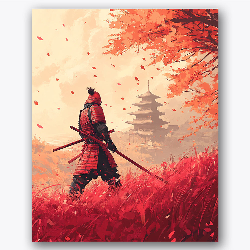 Paint by numbers design of samurai, autumn landscape, red autumn leaves, samurai in armor
