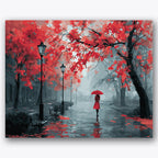 Paint by numbers design of autumn trees, person with umbrella, vibrant red leaves, black lampposts