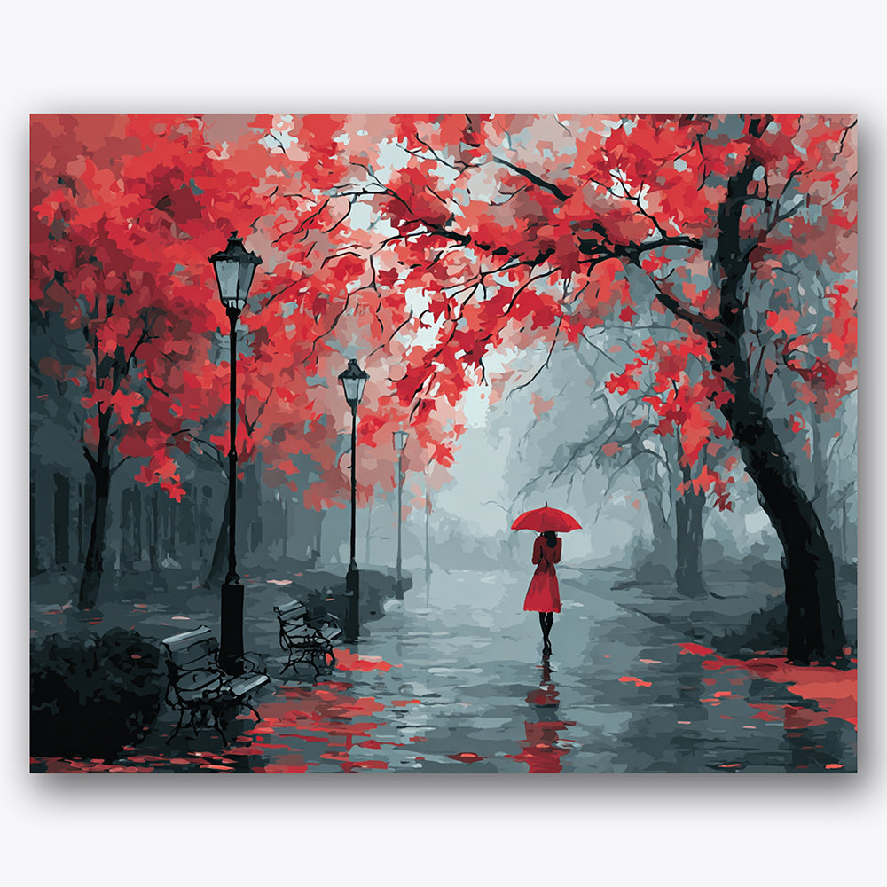Paint by numbers design of autumn trees, person with umbrella, vibrant red leaves, black lampposts