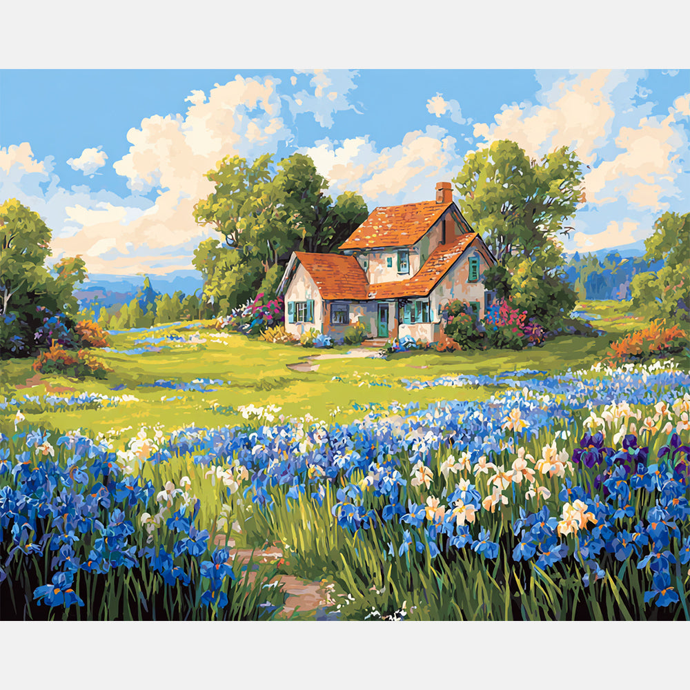 Azure Blossom Meadow Paint by Numbers Kit design preview showing the full artwork layout before painting