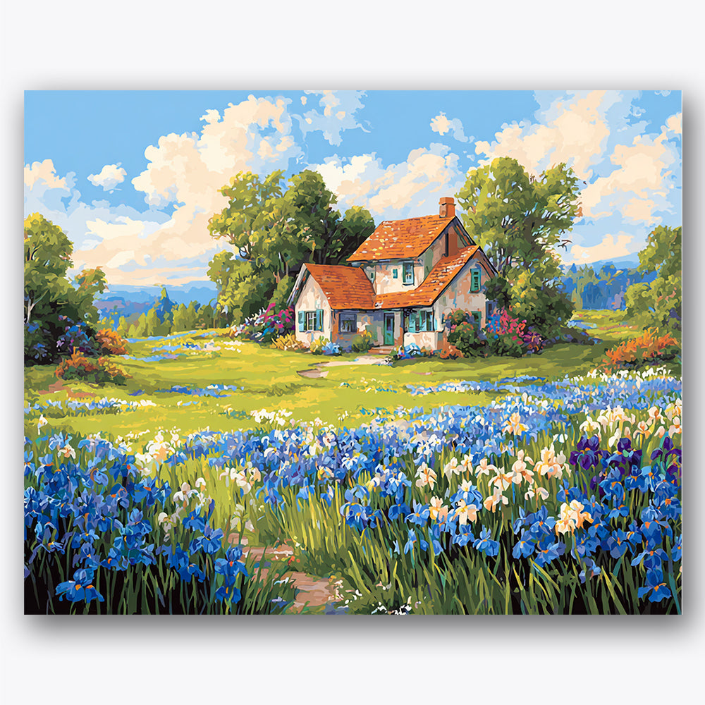 Paint by numbers design of cottage, flower field, blue irises in foreground, cottage with orange roof