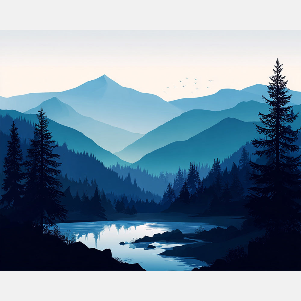 Azure Mountain Scene Paint by Numbers Kit design preview showing the full artwork layout before painting