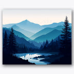 Paint by numbers design of mountains, pine trees, layered mountain silhouettes, tall pine trees