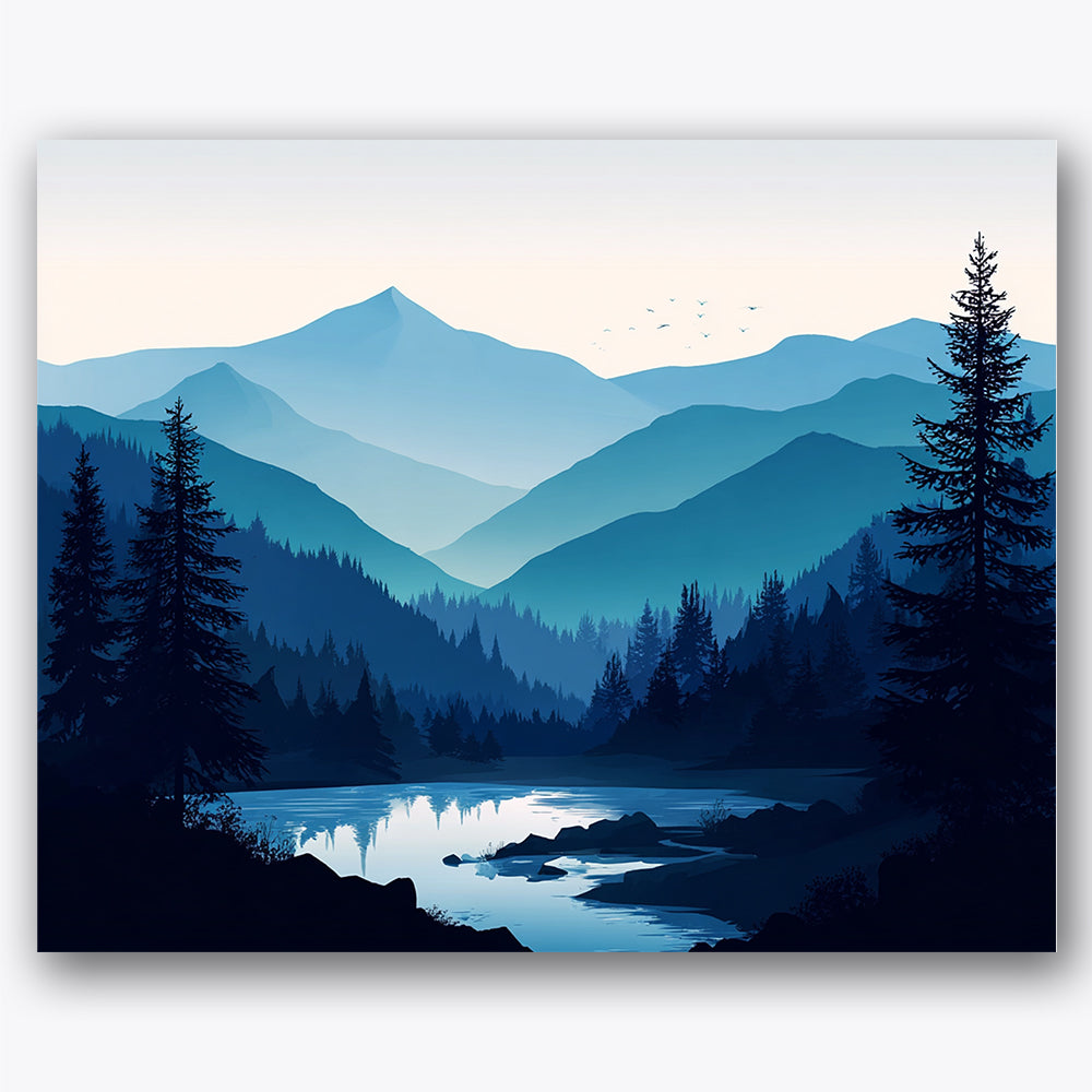 Paint by numbers design of mountains, pine trees, layered mountain silhouettes, tall pine trees