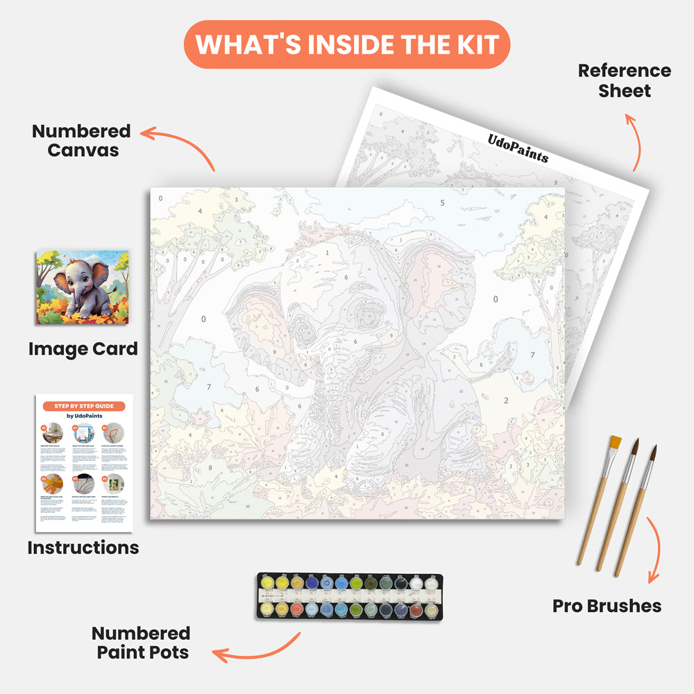 Baby Elephant Paint by Numbers Kit – includes numbered canvas, paint pots, brushes, and instructions