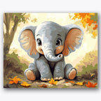 Paint by numbers design of baby elephant, autumn leaves, cute elephant expression, orange and yellow leaves