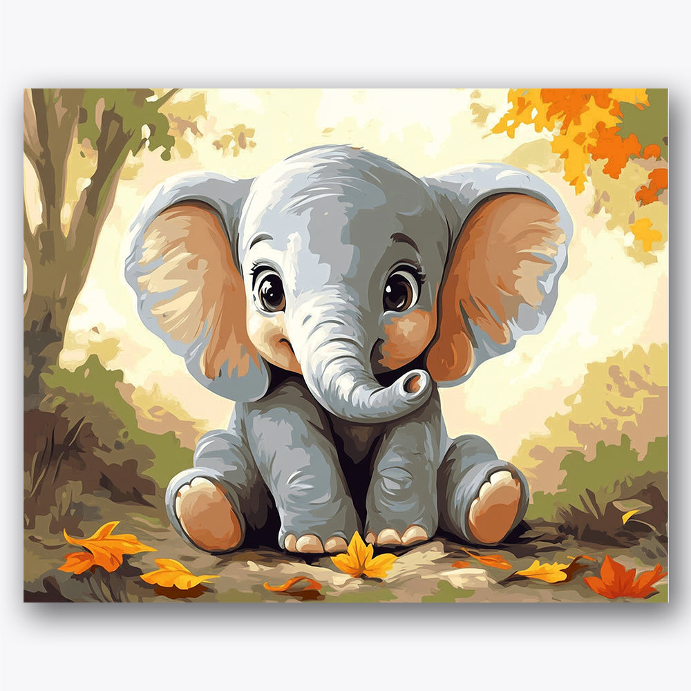 Paint by numbers design of baby elephant, autumn leaves, cute elephant expression, orange and yellow leaves