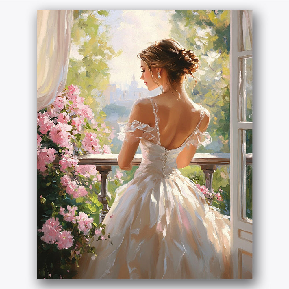 Paint by numbers design of woman, balcony, elegant white dress, pink blooming roses