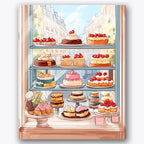 Paint by numbers design of pastries, Parisian street view, layered cakes with fruit, elegant street backdrop