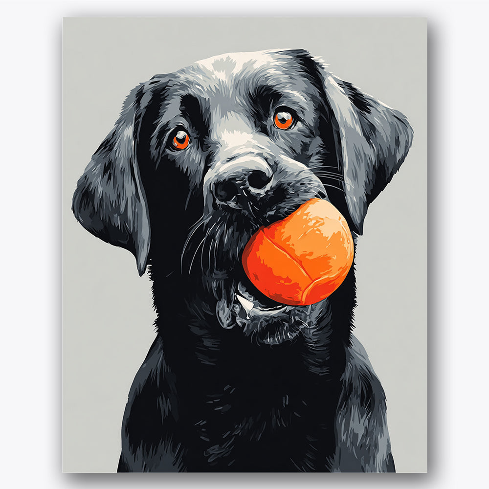 Paint by numbers design of black Labrador, orange ball, black Labrador, orange ball
