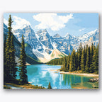 Paint by numbers design of mountain landscape, evergreen trees, snow-capped peaks, lush green forest