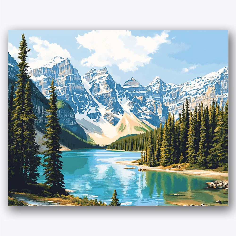 Paint by numbers design of mountain landscape, evergreen trees, snow-capped peaks, lush green forest