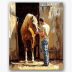 Paint by numbers design of man, horse, golden sunlight, barn door texture