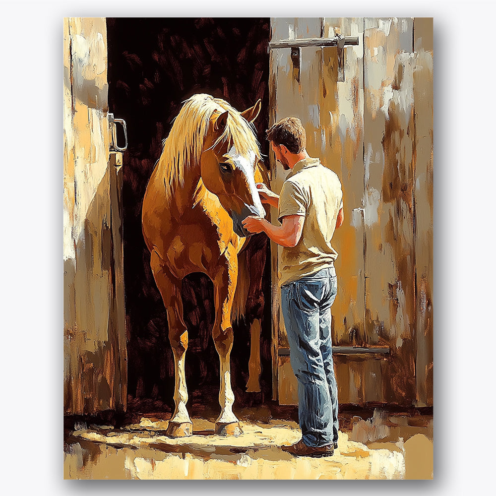Paint by numbers design of man, horse, golden sunlight, barn door texture