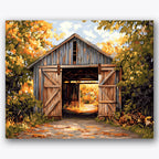 Paint by numbers design of barn, autumn leaves, wooden barn doors, golden autumn leaves