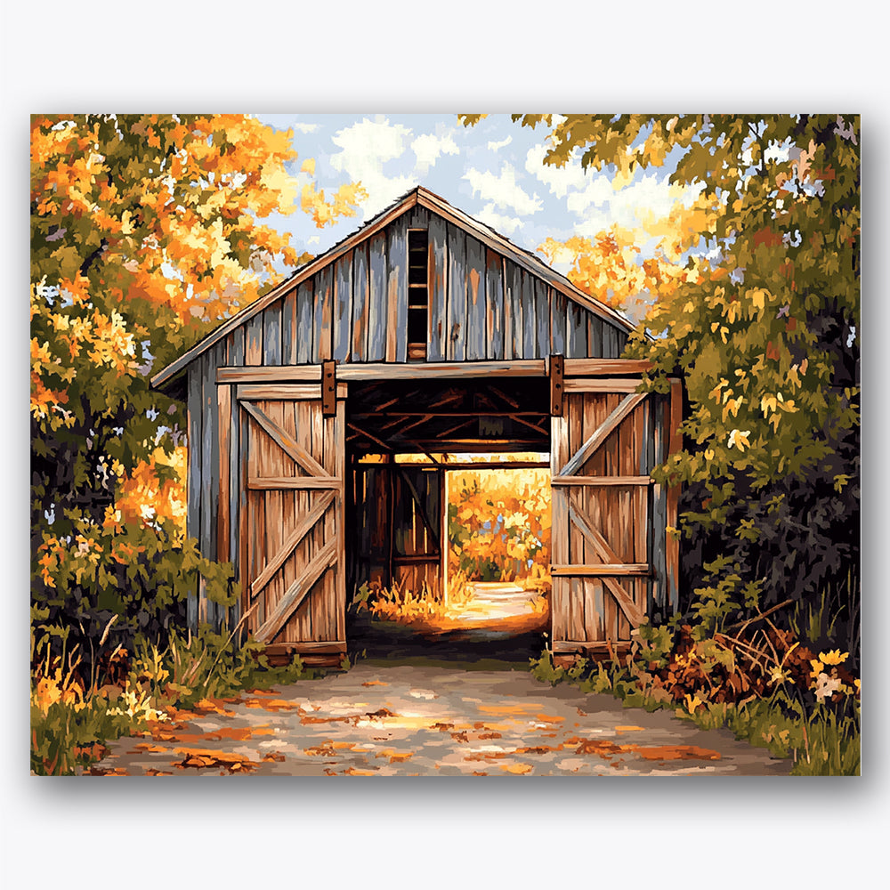 Paint by numbers design of barn, autumn leaves, wooden barn doors, golden autumn leaves